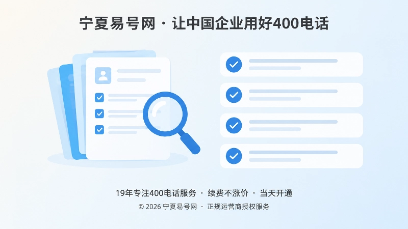 左图右文式商业插画：左侧是分层文档卡片与放大镜，右侧是整齐的文本条目，表现400电话申请资料的逐项核对